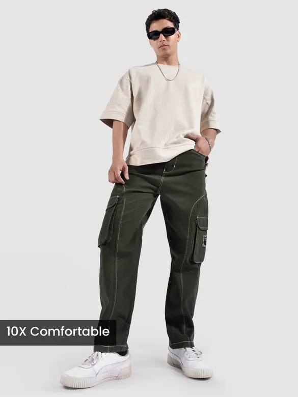 Dark Brown Cut And Sew Contrast Stitch Cargo Pants