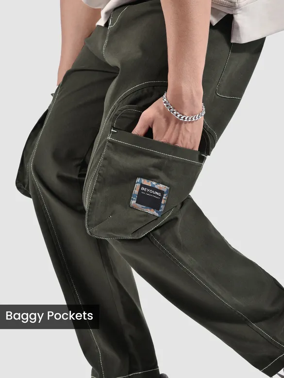 Dark Brown Cut And Sew Contrast Stitch Cargo Pants