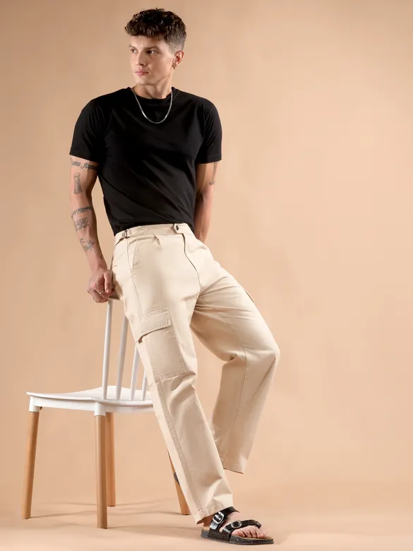 Beige Adjustable Side Buckle Cargo Trousers