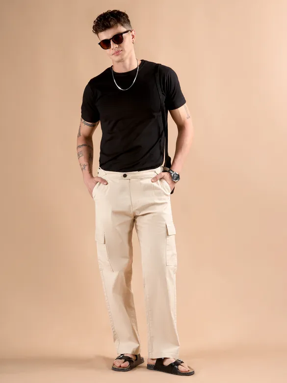 Beige Adjustable Side Buckle Cargo Trousers