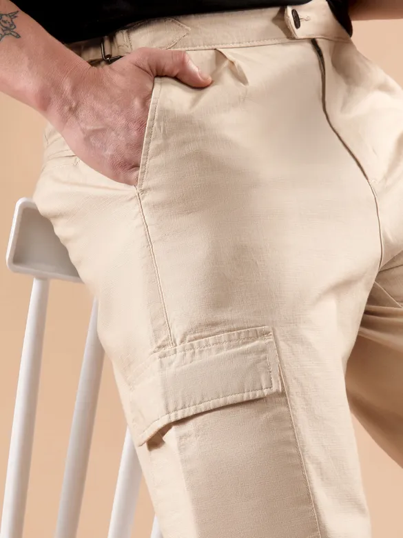 Beige Adjustable Side Buckle Cargo Trousers