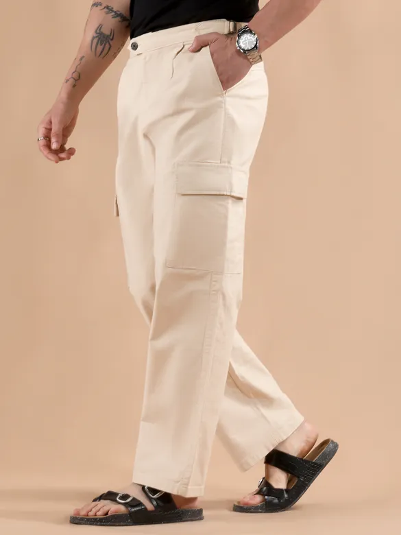 Beige Adjustable Side Buckle Cargo Trousers