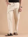 Beige Adjustable Side Buckle Cargo Trousers