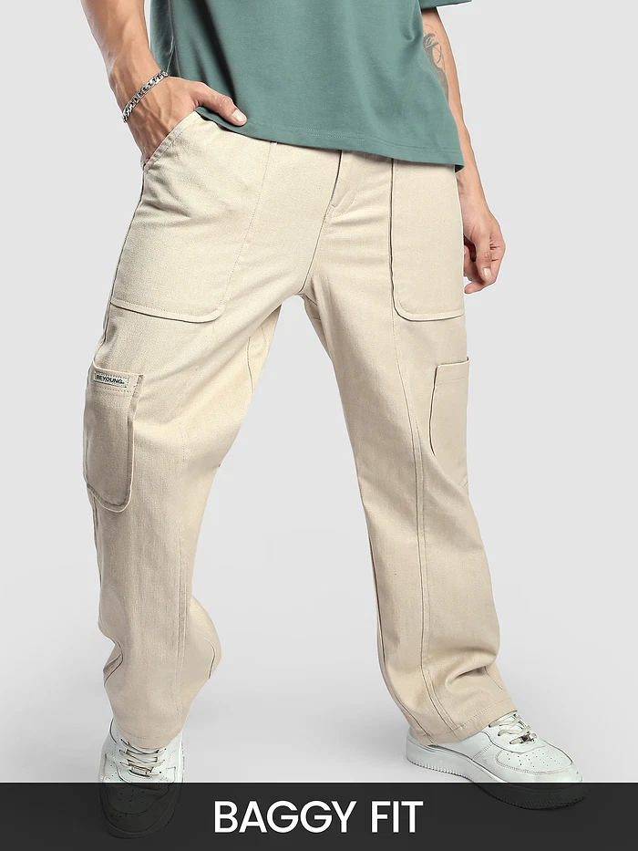Beige Side Elasticated Cargo Pants