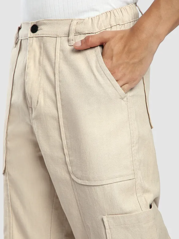 Beige Side Elasticated Cargo Pants
