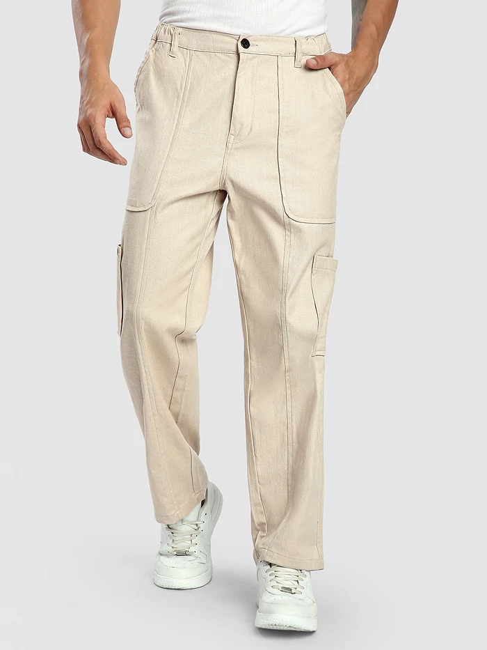 Beige Side Elasticated Cargo Pants