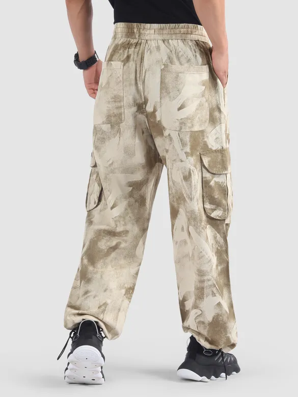 Beige Oversized Camo Cargo Pants