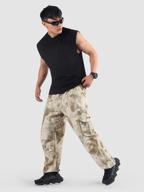 Beige Oversized Camo Cargo Pants