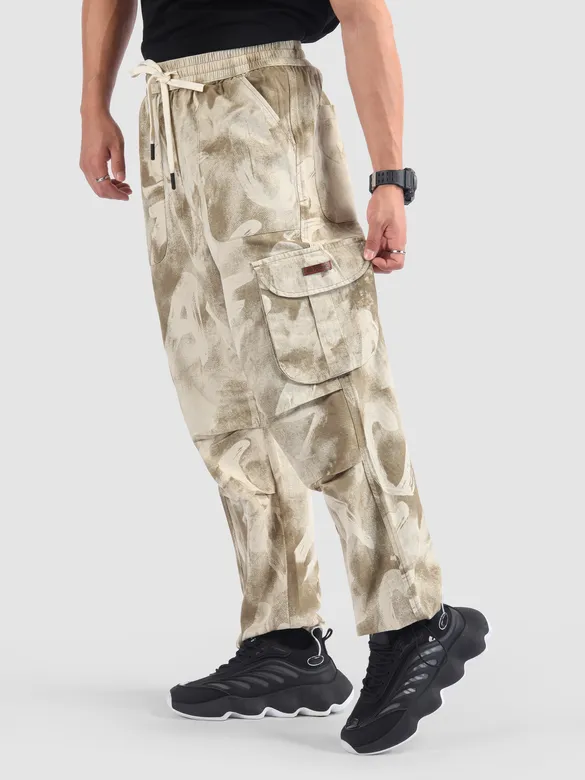 Beige Oversized Camo Cargo Pants