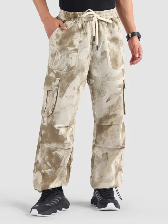 Beige Oversized Camo Cargo Pants