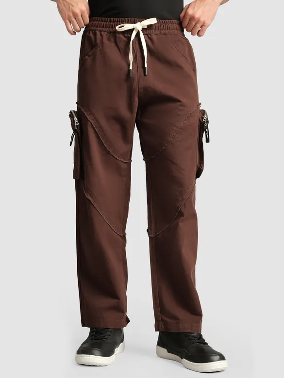 Caramel Brown Raw Edge 3D Pocket Cargo Pants