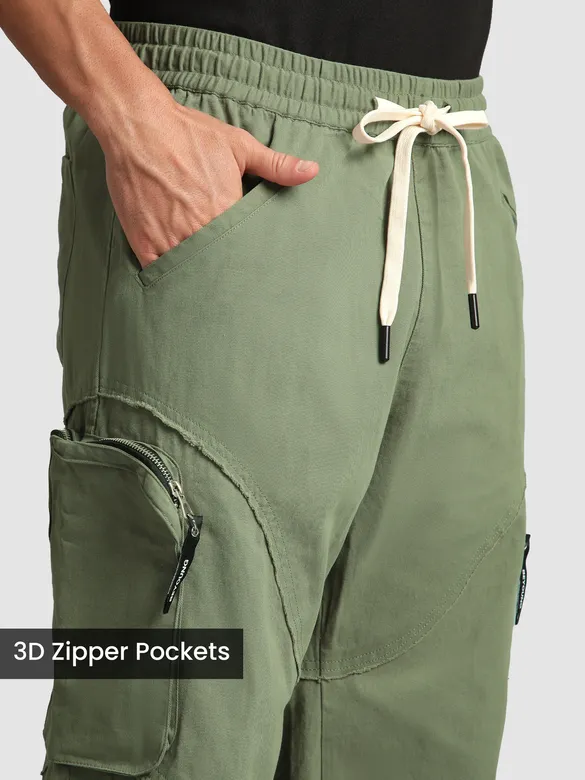 Sage Green Raw Edge 3D Pocket Cargo Pants