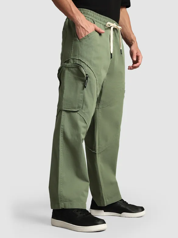Sage Green Raw Edge 3D Pocket Cargo Pants