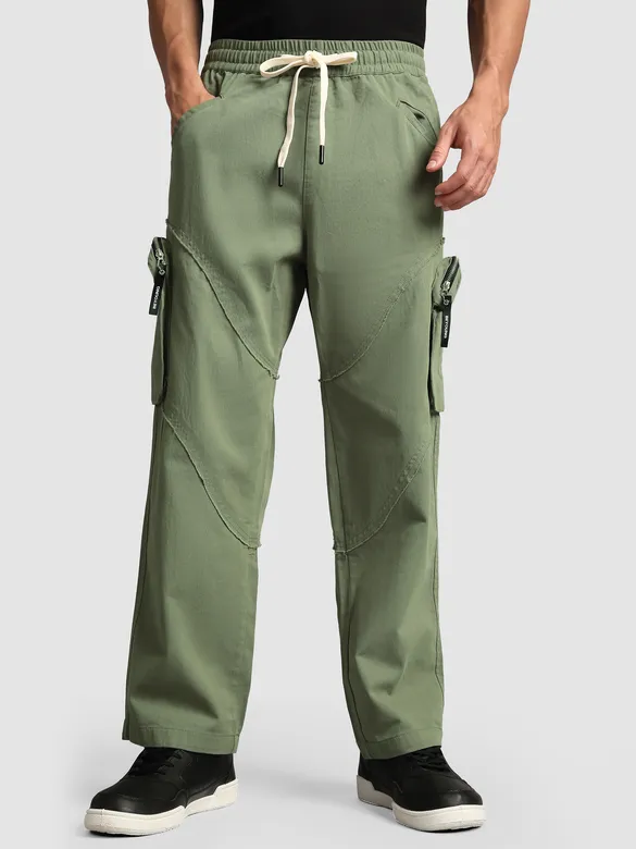Sage Green Raw Edge 3D Pocket Cargo Pants