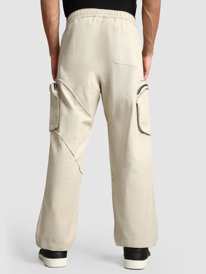 Beige Raw Edge 3D Pocket Cargo Pants