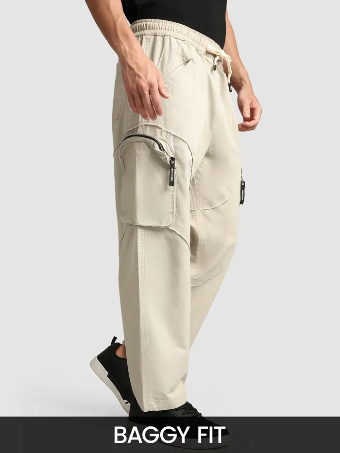 Beige Raw Edge 3D Pocket Cargo Pants