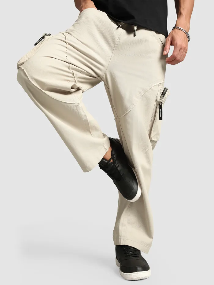 Beige Raw Edge 3D Pocket Cargo Pants