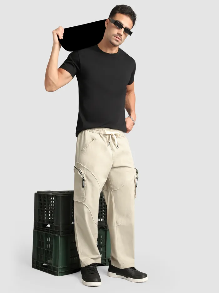 Beige Raw Edge 3D Pocket Cargo Pants