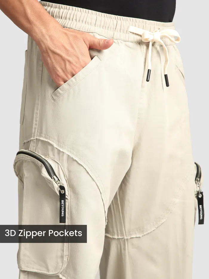 Beige Raw Edge 3D Pocket Cargo Pants