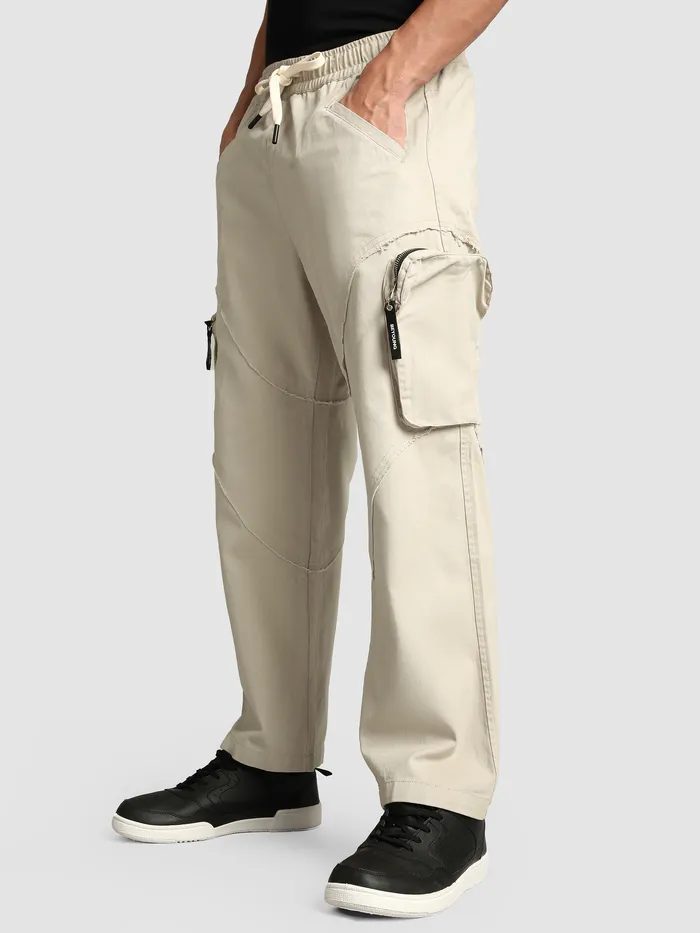 Beige Raw Edge 3D Pocket Cargo Pants