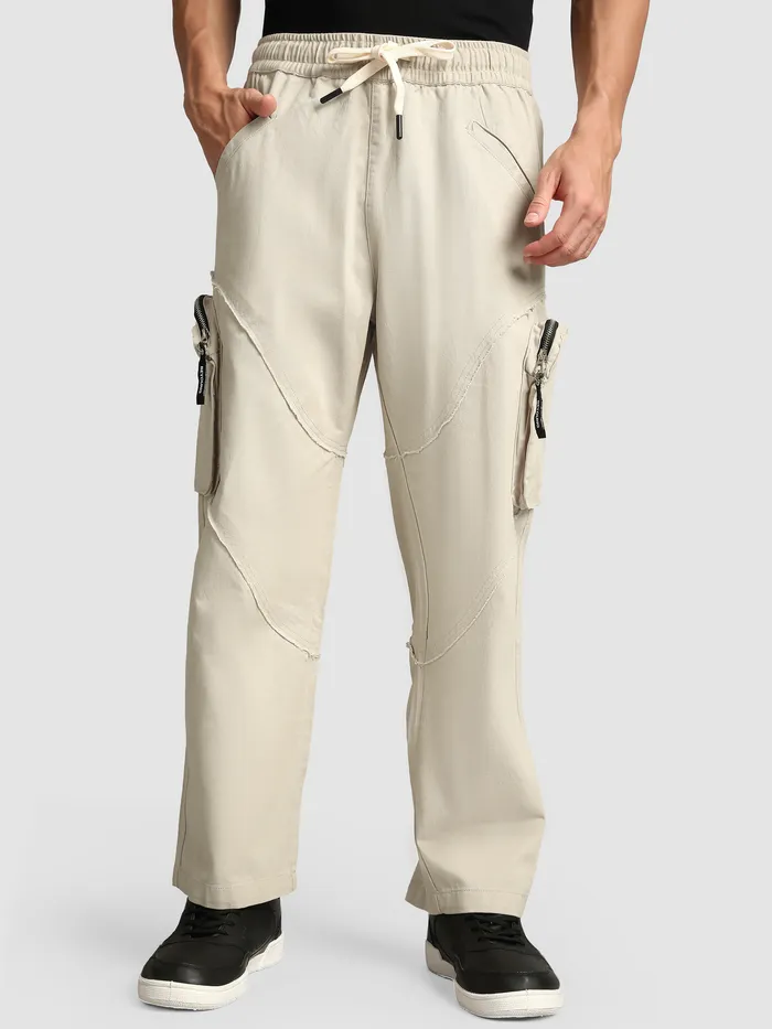 Beige Raw Edge 3D Pocket Cargo Pants