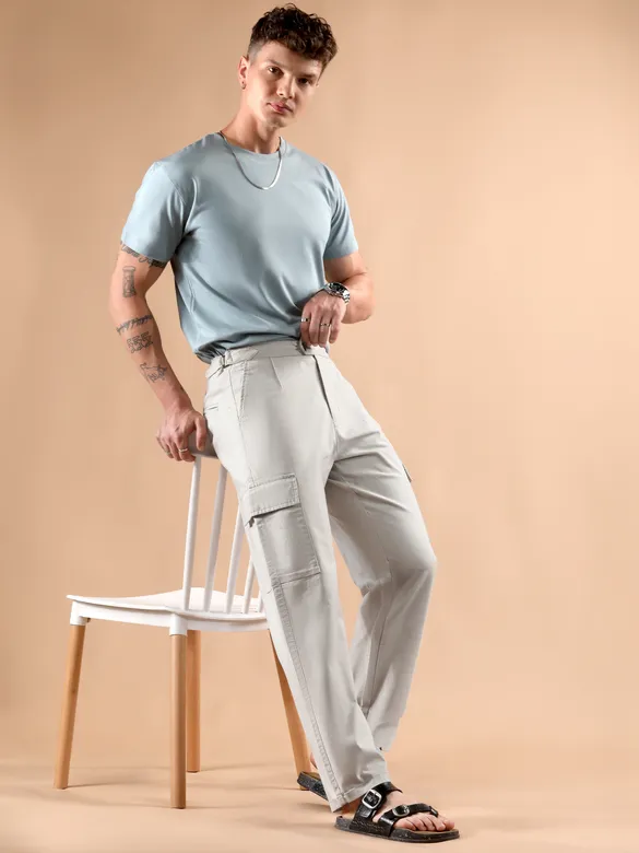 Light Grey Adjustable Side Buckle Cargo Trousers