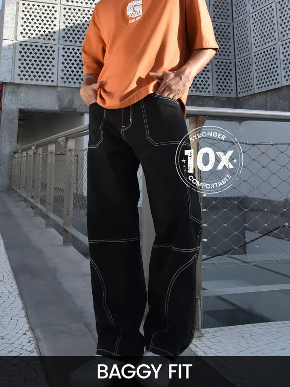 Black Patch Pocket Contrast Stitch Cargo Pants