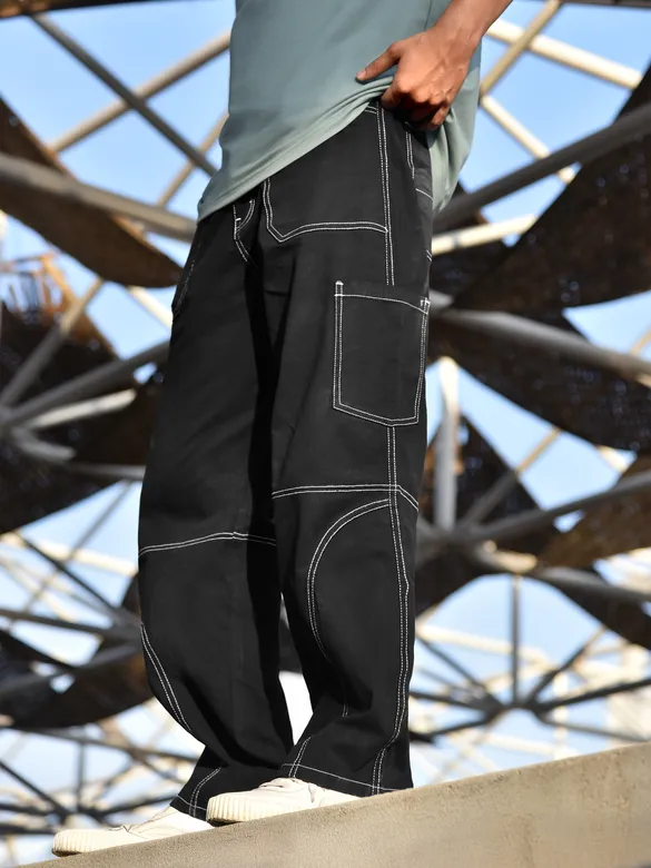 Black Patch Pocket Contrast Stitch Cargo Pants