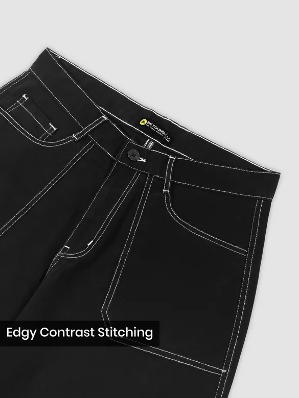Black Patch Pocket Contrast Stitch Cargo Pants