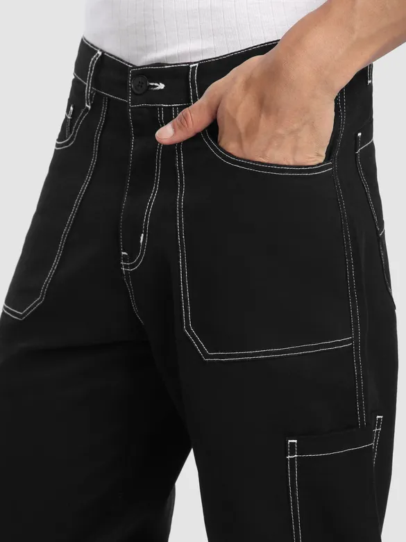 Black Patch Pocket Contrast Stitch Cargo Pants