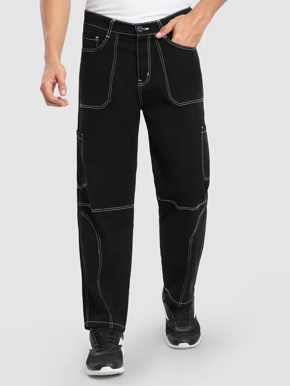 Black Patch Pocket Contrast Stitch Cargo Pants