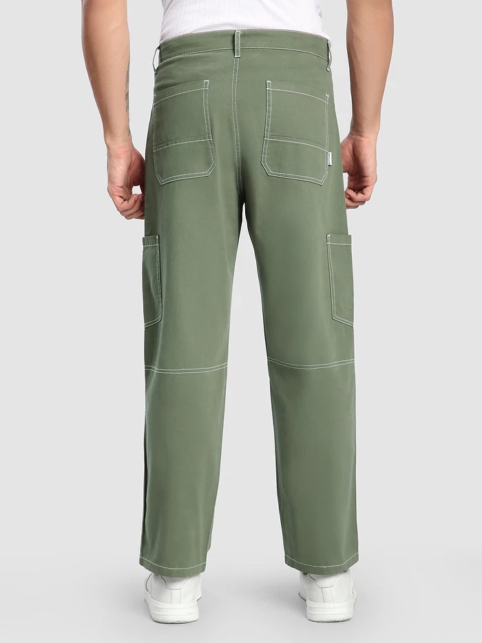 Pale Olive Patch Pocket Contrast Stitch Cargo Pants