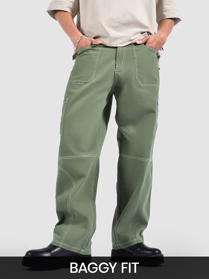 Pale Olive Patch Pocket Contrast Stitch Cargo Pants