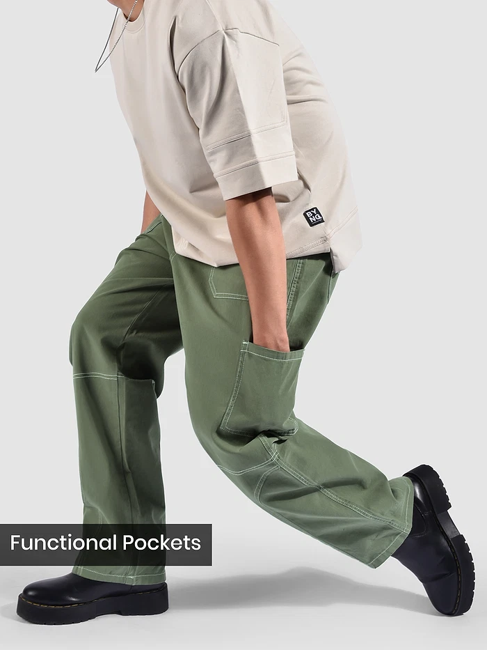 Pale Olive Patch Pocket Contrast Stitch Cargo Pants
