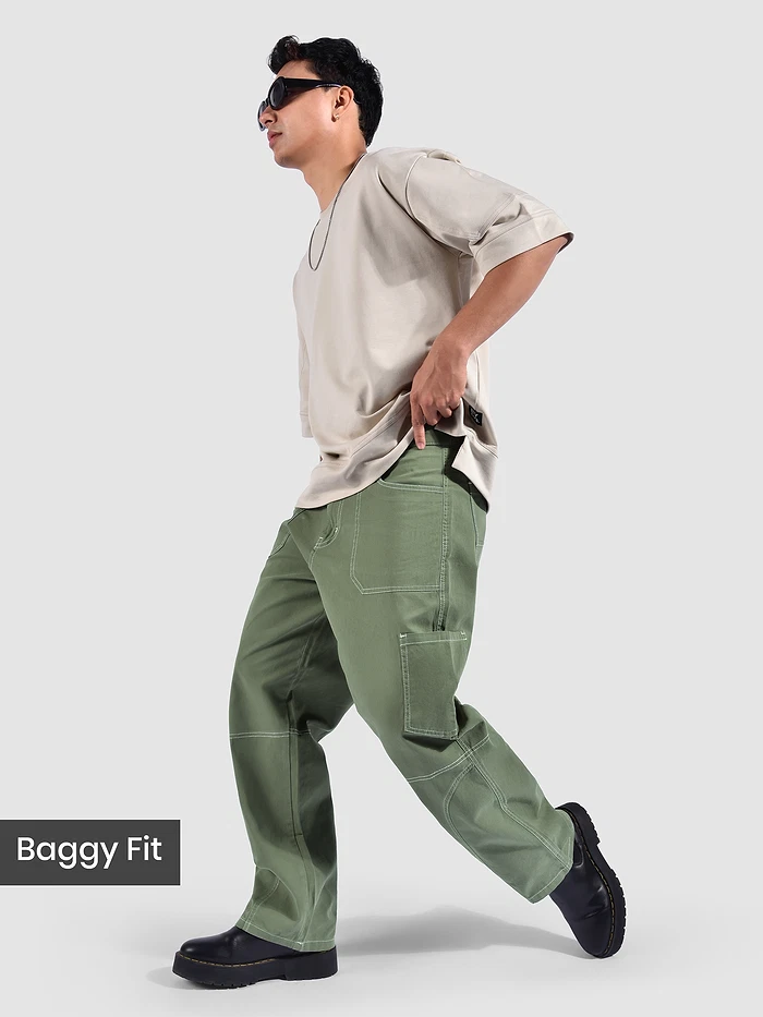 Pale Olive Patch Pocket Contrast Stitch Cargo Pants