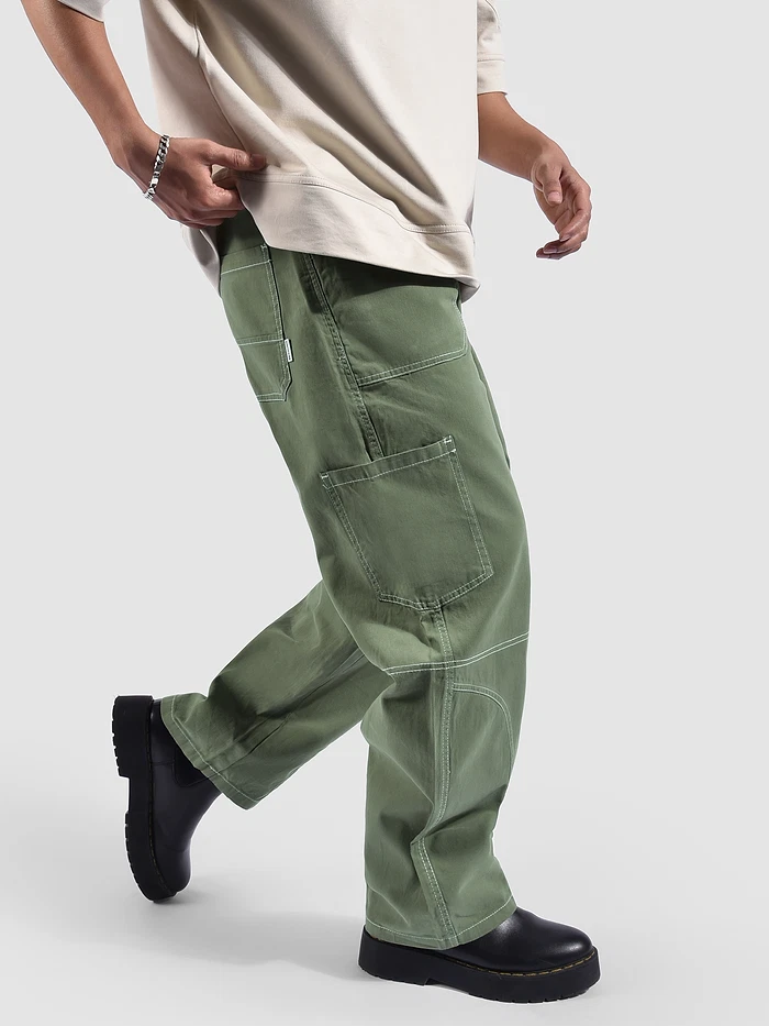 Pale Olive Patch Pocket Contrast Stitch Cargo Pants