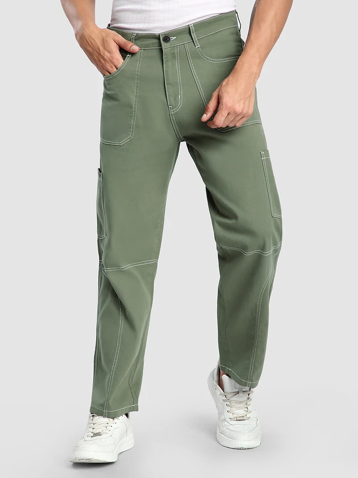 Pale Olive Patch Pocket Contrast Stitch Cargo Pants