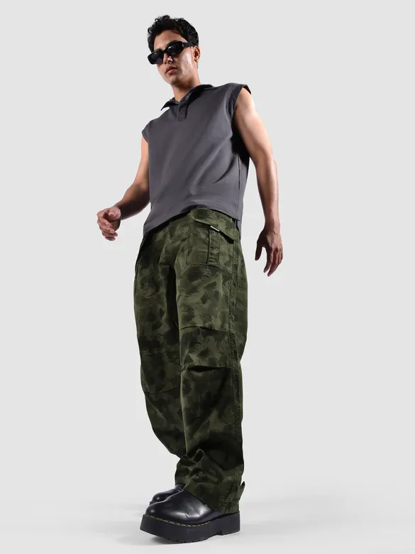 Green Pleated Knee Camo Cargo Pants