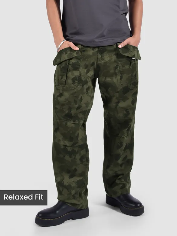 Green Pleated Knee Camo Cargo Pants