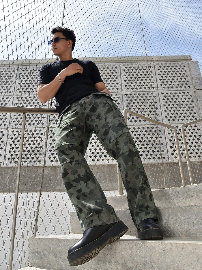 Grey Pleated Knee Camo Cargo Pants