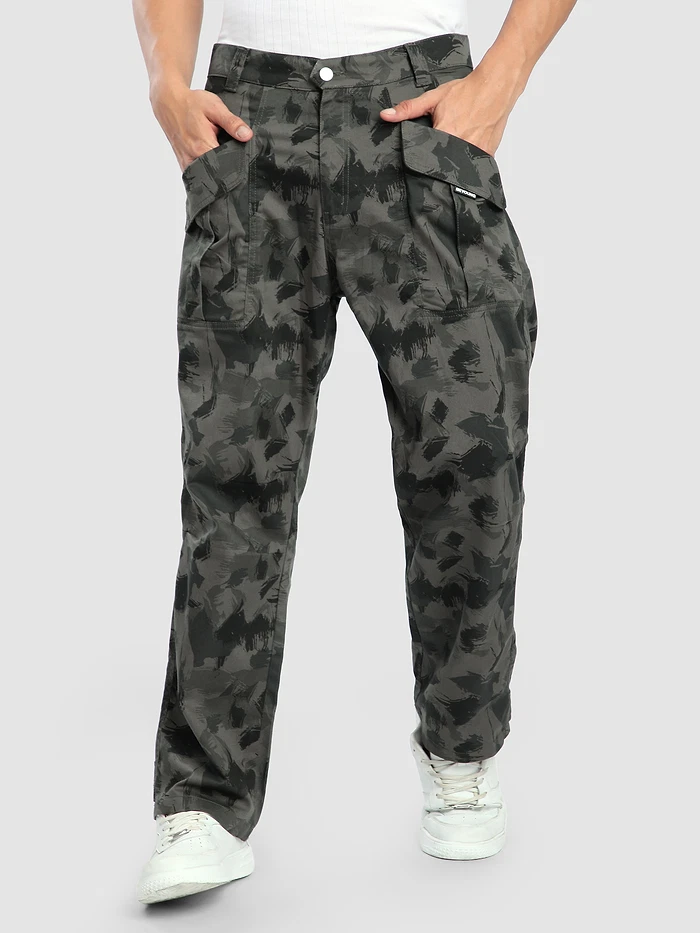 Grey Pleated Knee Camo Cargo Pants