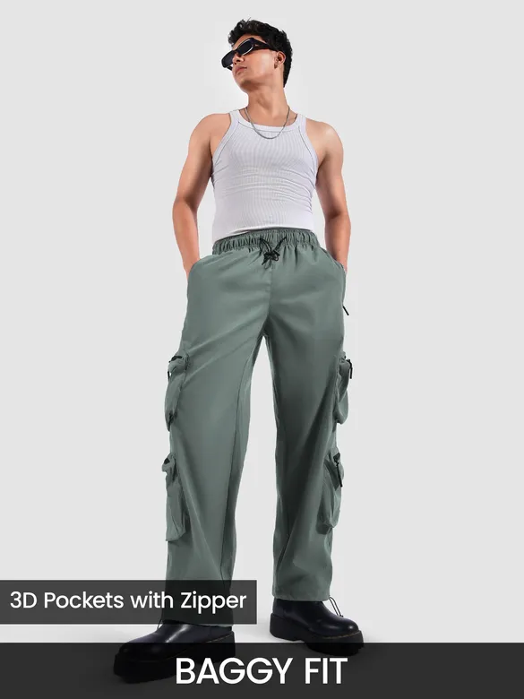 cargo pants for men with an oversized fit featuring zipper pockets, 