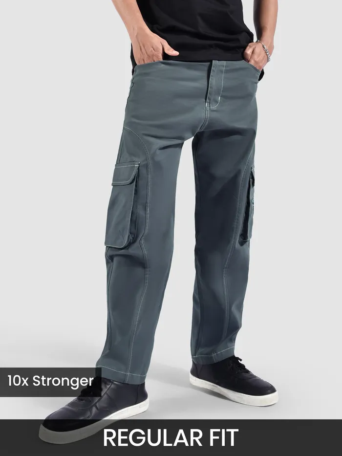 Stone Grey Cut And Sew Contrast Stitch Cargo Pants