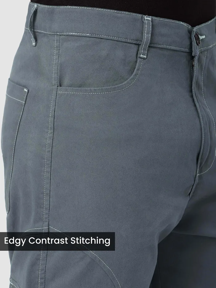 Stone Grey Cut And Sew Contrast Stitch Cargo Pants