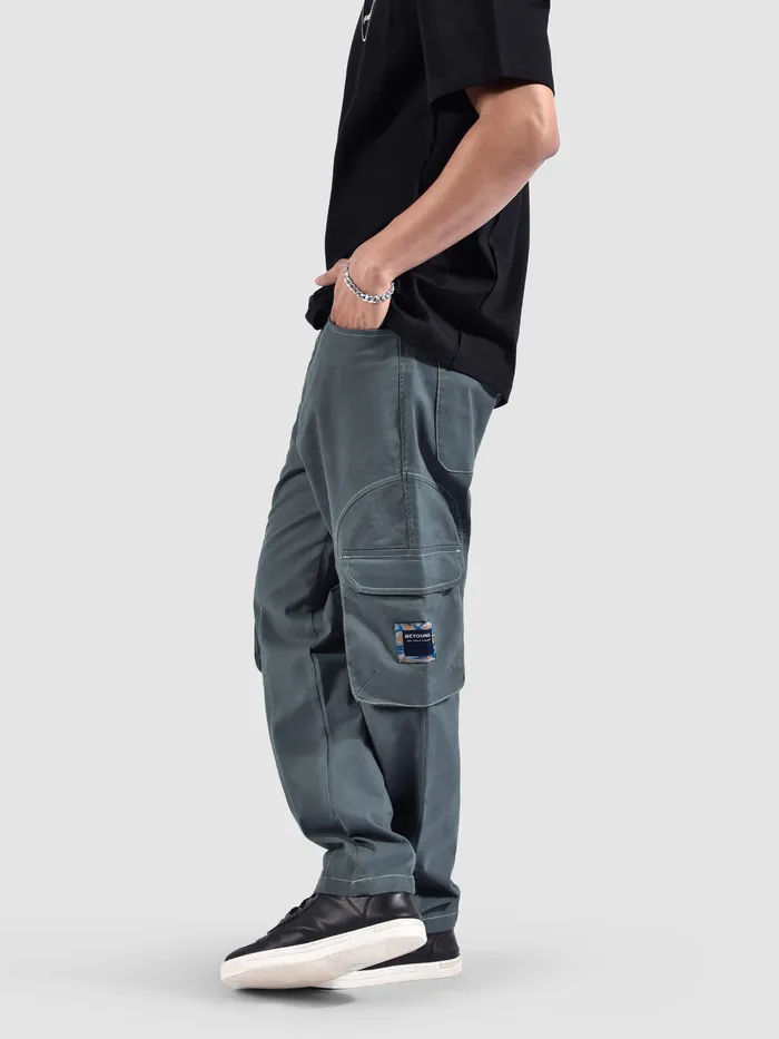 Stone Grey Cut And Sew Contrast Stitch Cargo Pants