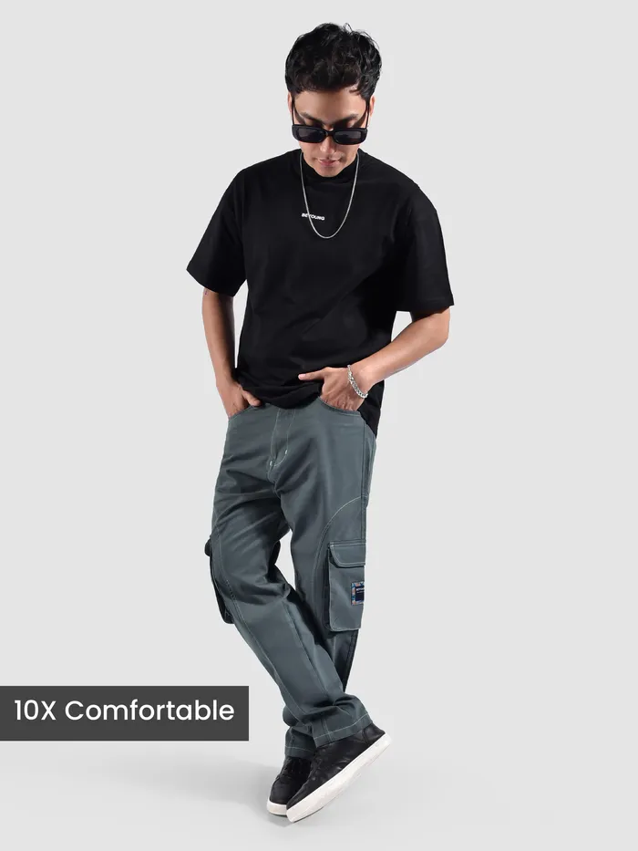 Stone Grey Cut And Sew Contrast Stitch Cargo Pants