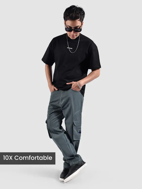 Stone Grey Cut And Sew Contrast Stitch Cargo Pants