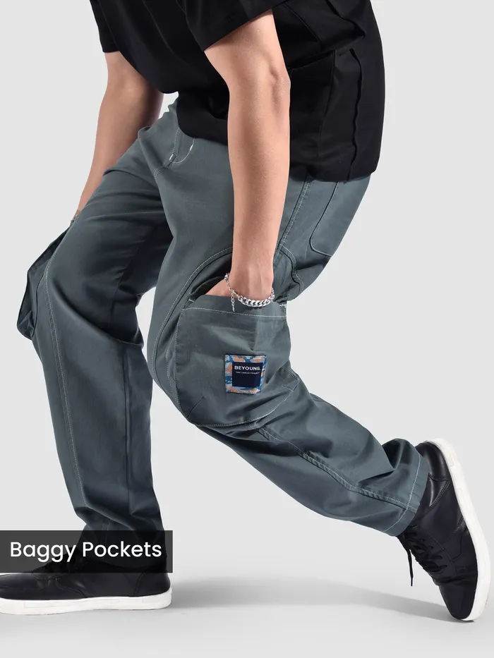 Stone Grey Cut And Sew Contrast Stitch Cargo Pants