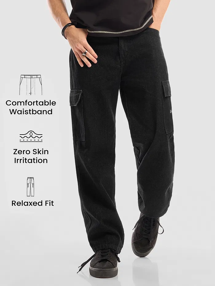 Black Denim Cargo Pants For Men