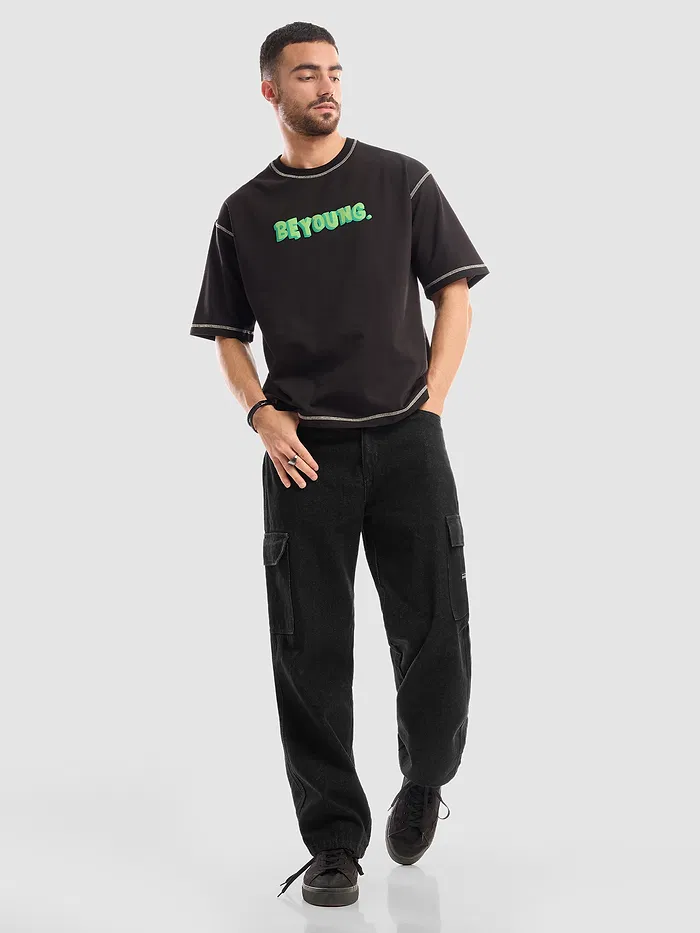 Black Denim Cargo Pants For Men